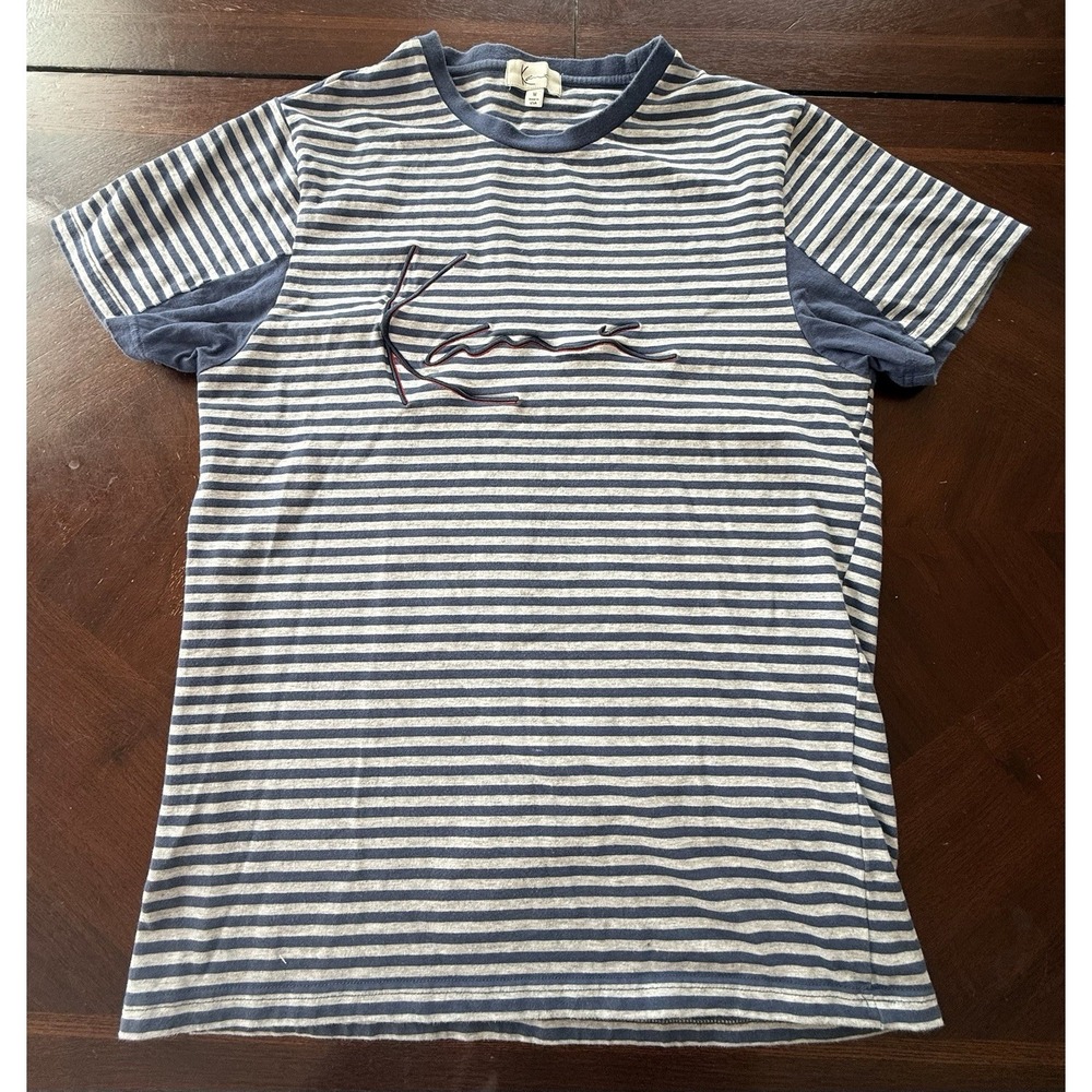 Karl Kani Y2K Striped Logo T Shirt Mens M Blue Cream Cotton Streetwear Graphic - Picture 2 of 10